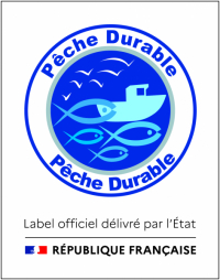 Logo Pêche durable avec un bateau et des poissons stylisés