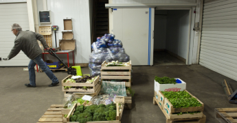 Un homme transporte des palettes de denrées alimentaires dans un entrepot