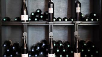Bouteilles de vin entreposés pour la vente dans les casiers d'une cave