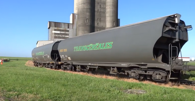 Train de fret chargeant des céréales dans un silo